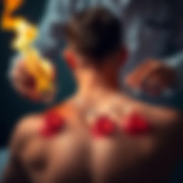 A therapist performing fire cupping on a person's back, showcasing round glass cups creating suction and red marks on the skin.