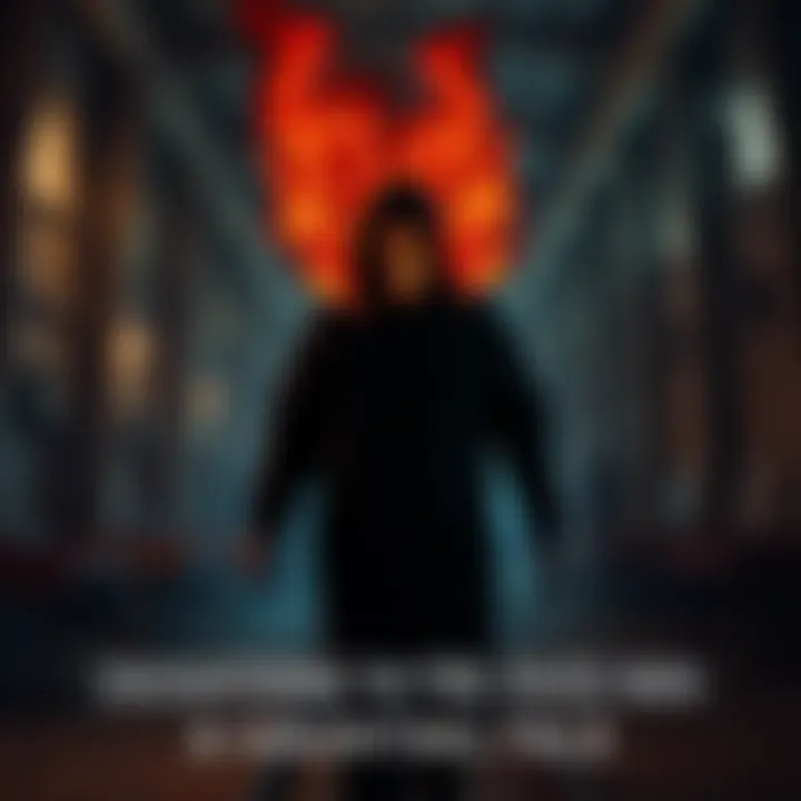 A shadowy figure with a fiery face looms in a dark, abandoned foundry, creating a sense of unease.