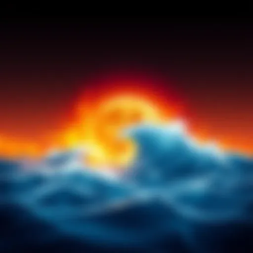 A vibrant illustration showing a bright moon surrounded by warm flames on one side and serene waves of water on the other, symbolizing the connection between fire moon and water sun.