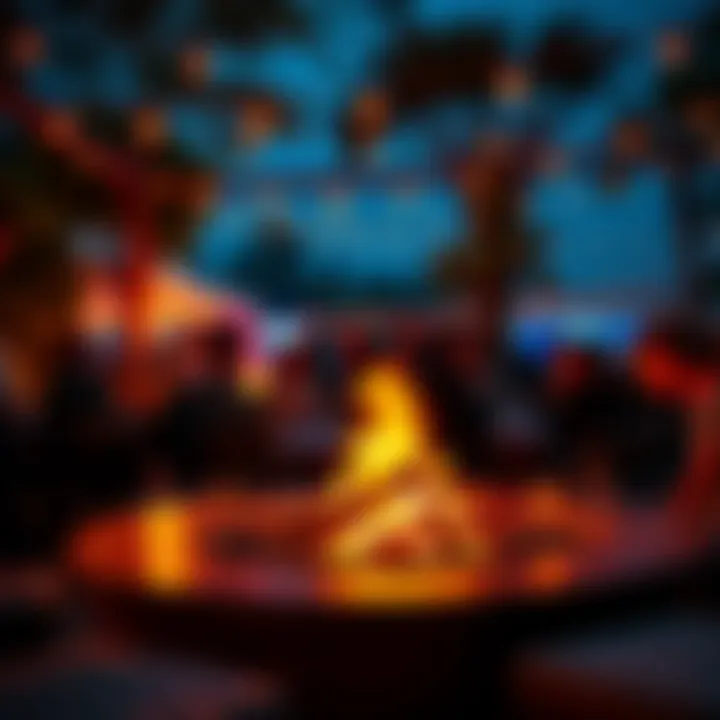 A lively outdoor event featuring a fire placement surrounded by guests enjoying the warmth and ambiance.