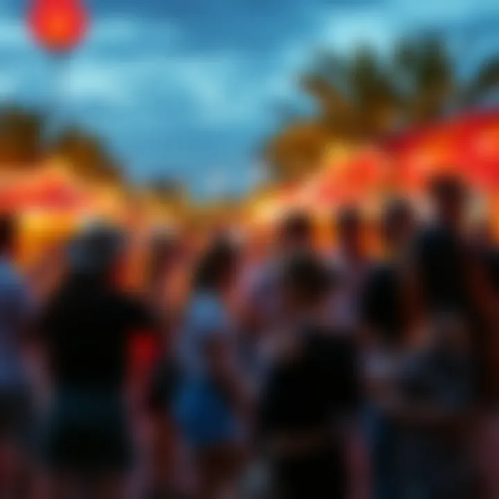 A group of diverse people socializing at a lively outdoor gathering, showing attraction and engagement, with vibrant energy representing fire signs.