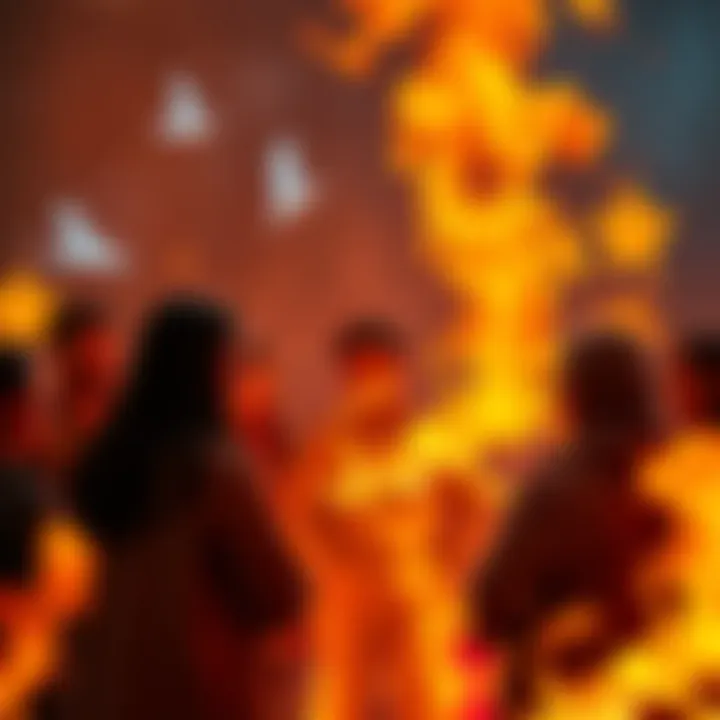 A lively discussion among people about the traits of fire signs, with air signs sharing their views, surrounded by flames and air symbols.
