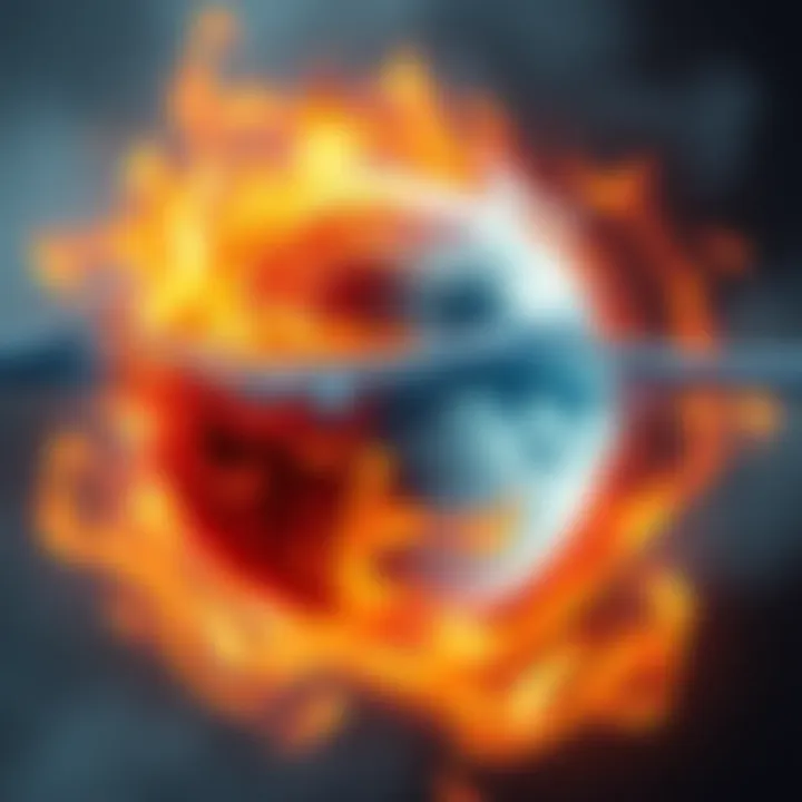 A captivating illustration depicting the emotional interplay between fire and water elements, symbolizing the traits of fire sign Sun and water sign Moon individuals.