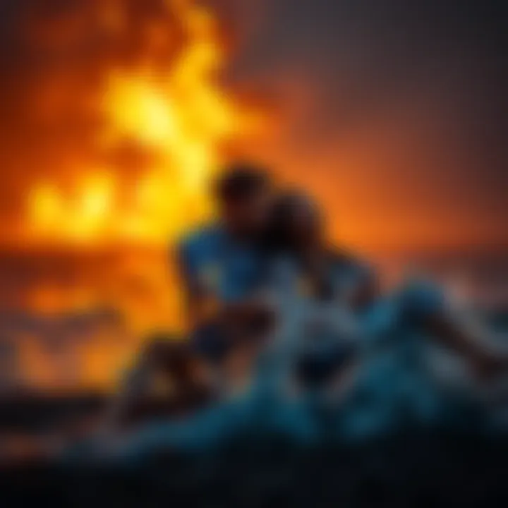 A couple sitting together, representing fire and water elements, with flames and water waves in the background symbolizing their connection.
