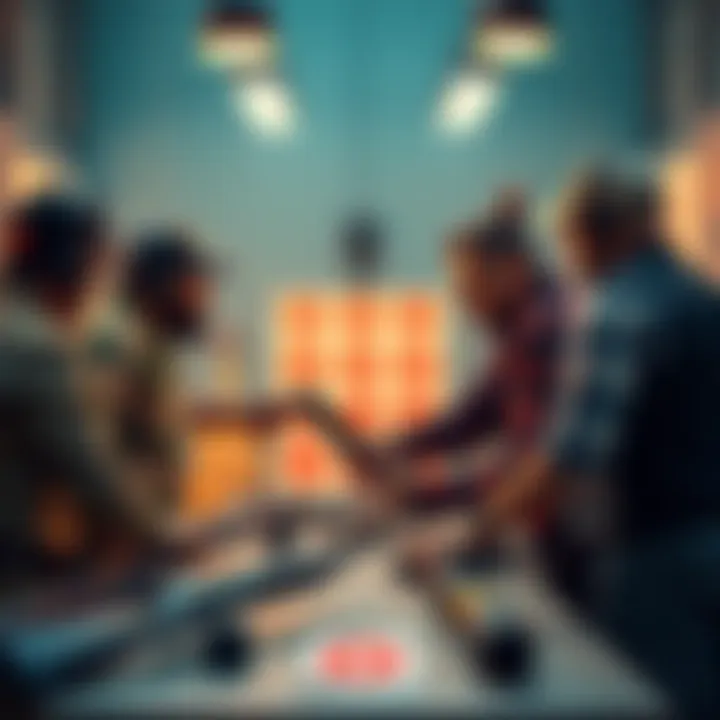 A group of firearm enthusiasts gathered around a table, sharing their thoughts on a challenging shot in firearms. They are engaged in conversation with firearms and targets visible.