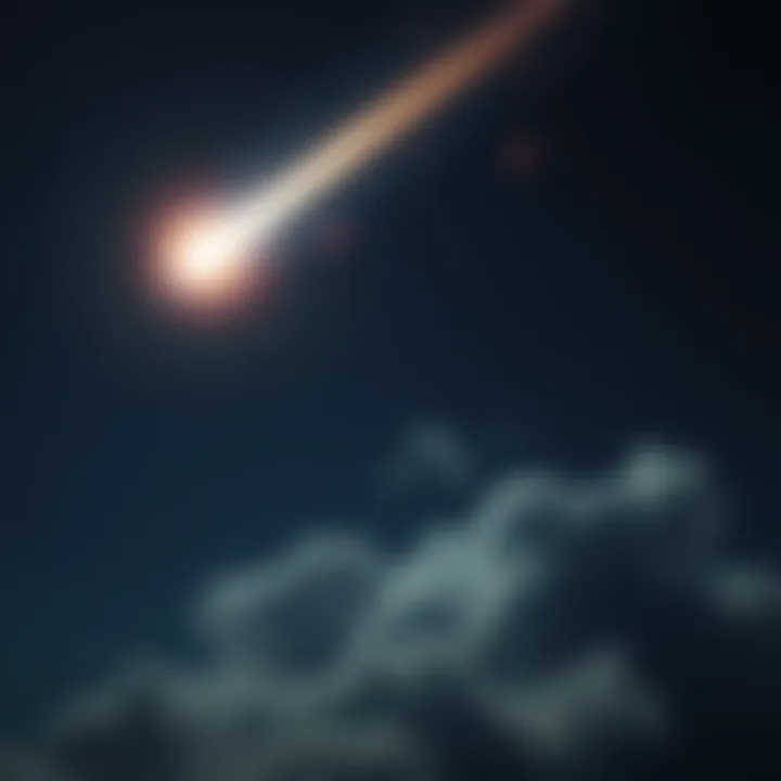 A bright fireball streaks across the dark night sky, illuminating clouds below.