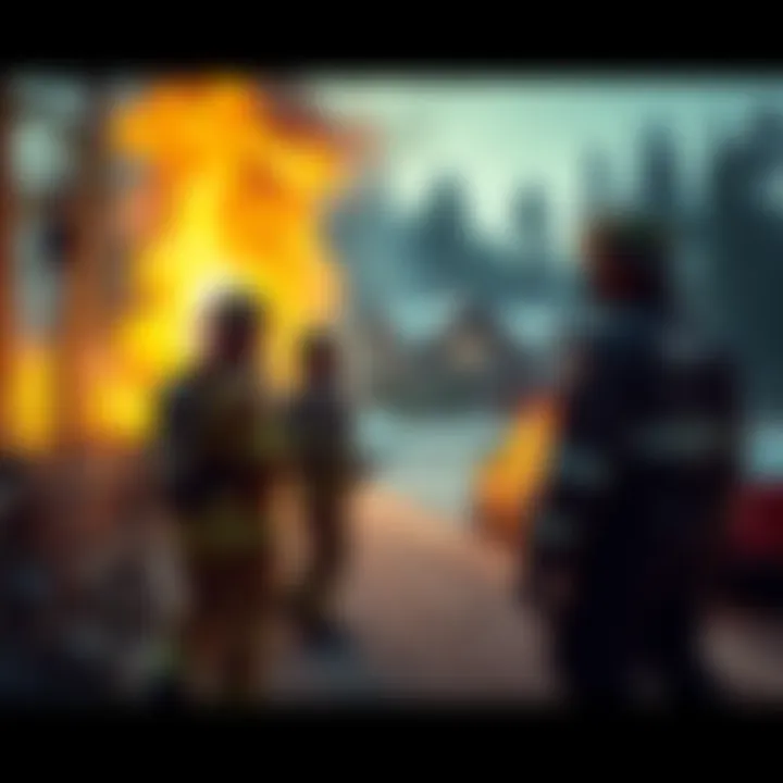 Two firefighters in uniform standing near a forest fire while police investigate a shooting incident in a quiet town