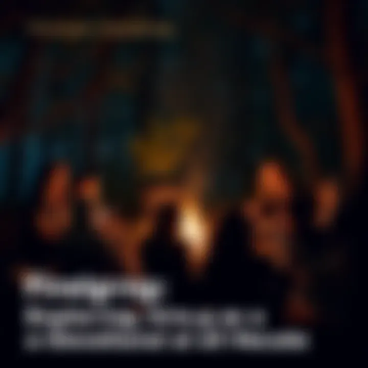 Firelight Gathering A group of people sitting around a warm fire, engaged in a devotional act for the goddess Hecate, surrounded by nature.