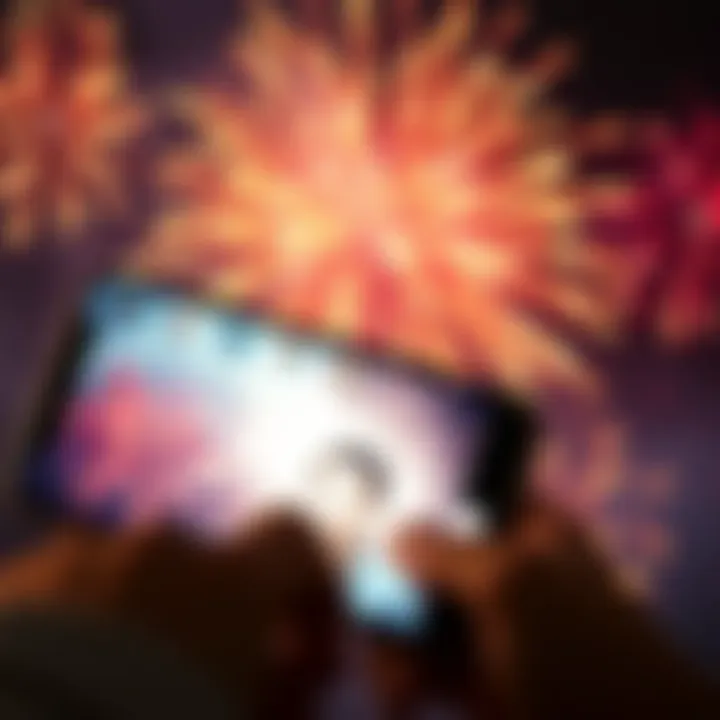 A bright display of fireworks bursting on a smartphone screen during a FaceTime call, with a surprised user in the background.