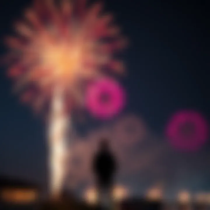 A person watching fireworks explode in the night sky, with a visible delay before the sound reaches them, illustrating the difference between sight and sound.