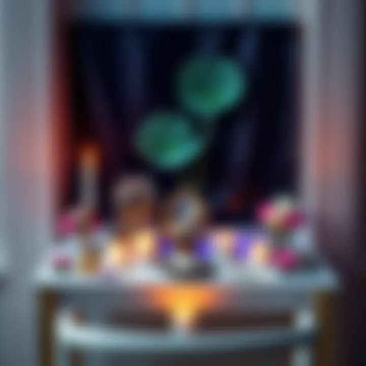 A personal altar with candles, crystals, and flowers arranged on a small table representing a spiritual space.