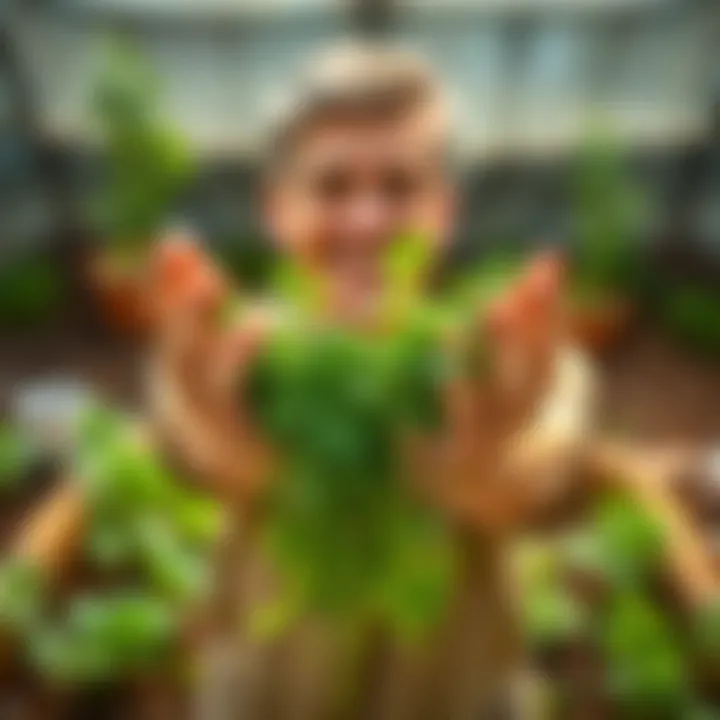 A gardener proudly holds a bunch of freshly harvested cilantro in their hands, smiling with excitement. The background features a small home garden with green plants.