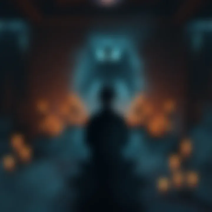 A person meditating in a dimly lit room, surrounded by candles and mystical symbols, focusing on connecting with Duke Dantalion, who is represented by a shadowy figure in the background.