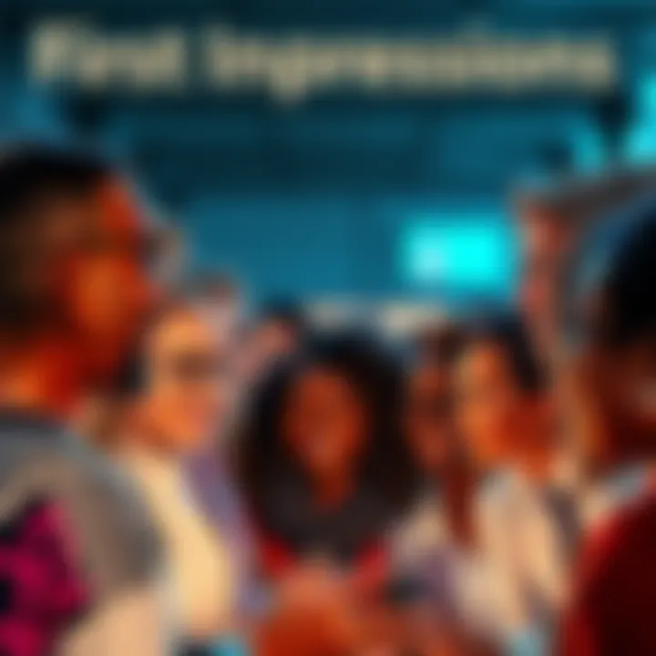First Impressions Matter A diverse group of people meeting for the first time, showcasing a variety of expressions and interactions, reflecting personal and professional connections.