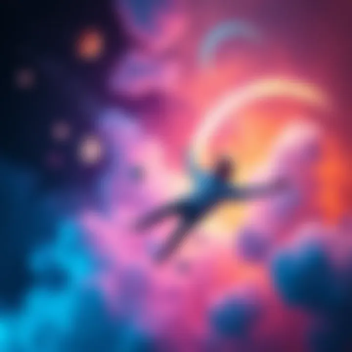 A person floating in a colorful dream world, experiencing vivid sensations and exploring unique moments, with bright colors and surreal elements all around.