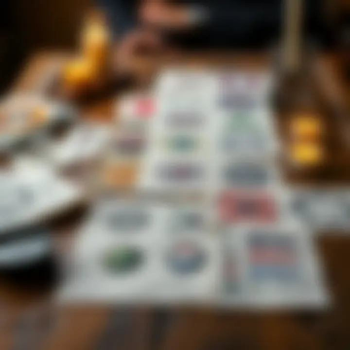 A collection of colorful sigils drawn on paper, representing personal growth and self-discovery, arranged on a wooden table with candles nearby.