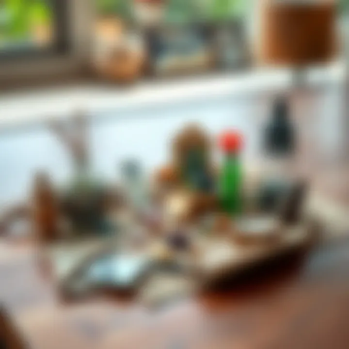 A small altar with dried herbs, colorful crystals, and personal items arranged thoughtfully on a wooden table, surrounded by nature.