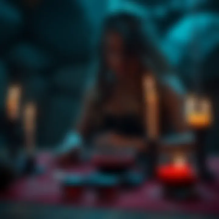 First Blood Spell Performance A person preparing to perform a blood spell with candles, crystals, and a small bowl of liquid on a table, focusing their energy on the intention