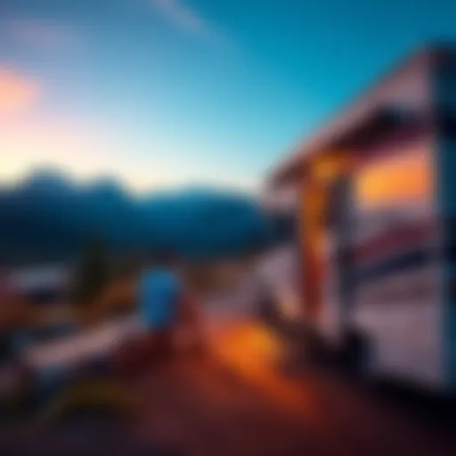 A person enjoying their first RV adventure in a scenic location, surrounded by nature and mountains.