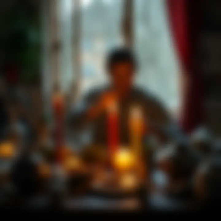 A practitioner surrounded by natural ingredients, lighting candles, and focusing on their spell for personal growth