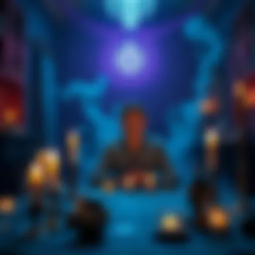 A person sitting at a table with a psychic medium, surrounded by candles and mystical objects, looking curious and attentive