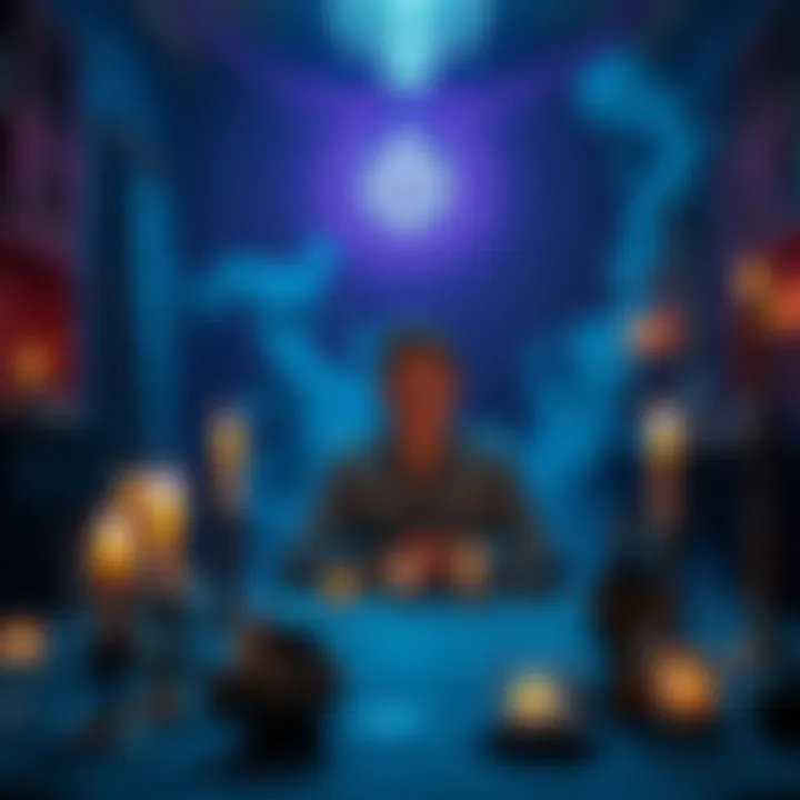 A person sitting at a table with a psychic medium, surrounded by candles and mystical objects, looking curious and attentive