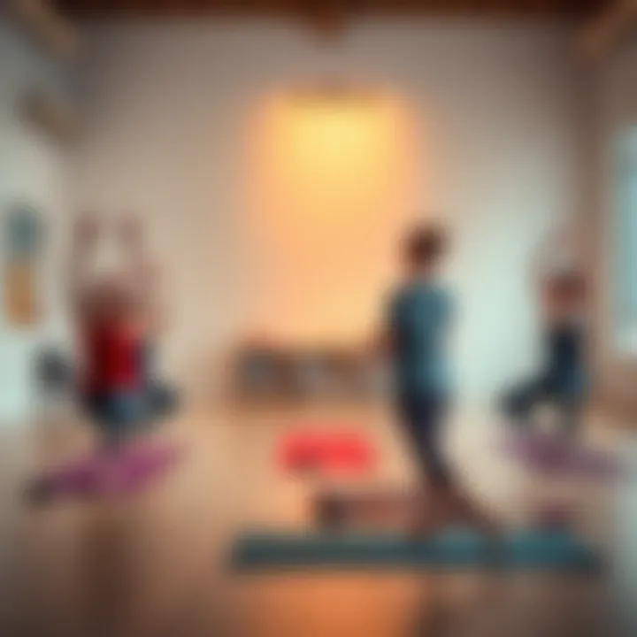 First Yoga Class A woman teaching her first yoga class in a bright studio, surrounded by eager students practicing poses.