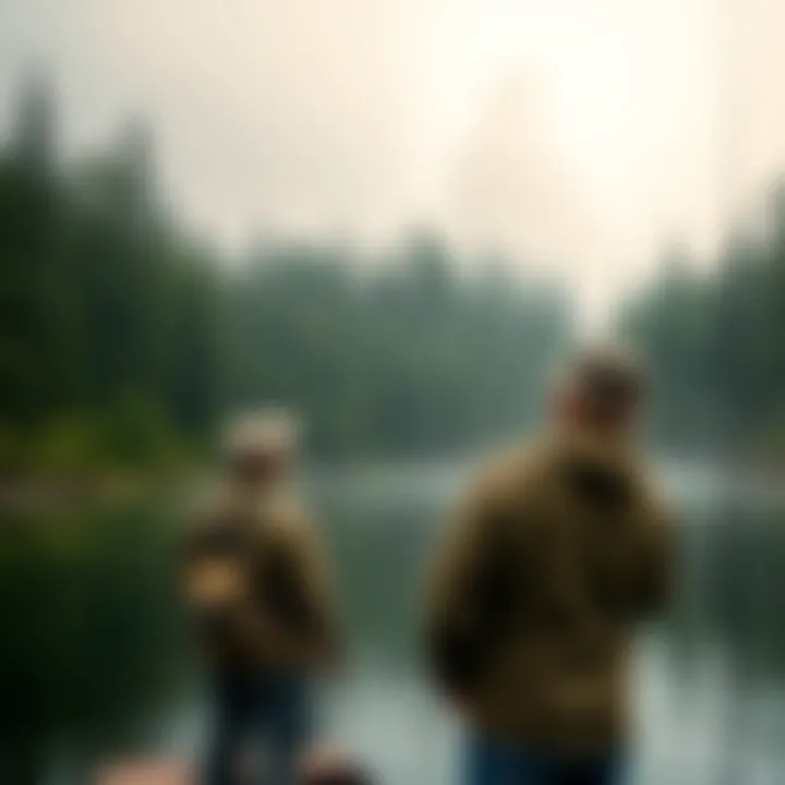 A fisherman standing by a river, looking shocked as he spots something unusual in the trees, with a dense forest background.
