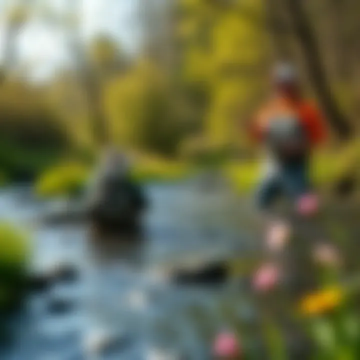 A fisherman casting his line in Four Mile Creek, surrounded by greenery and spring flowers.