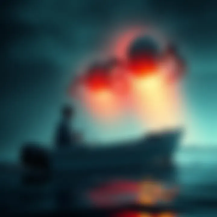 Two fishermen in a boat looking up at robotic beings with claws in a nighttime setting by the Pascagoula River