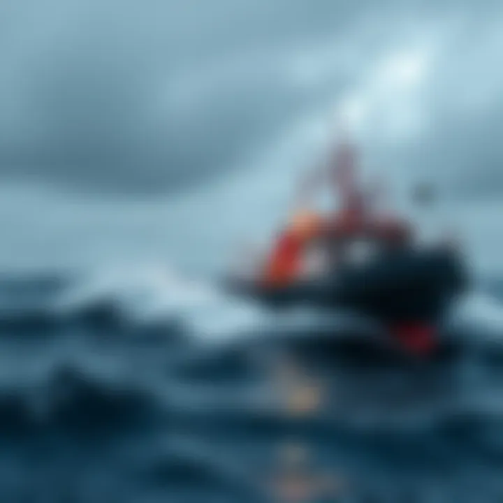 A fishing boat navigating through ocean waves with crew members on board, showcasing the challenges of fishing life.