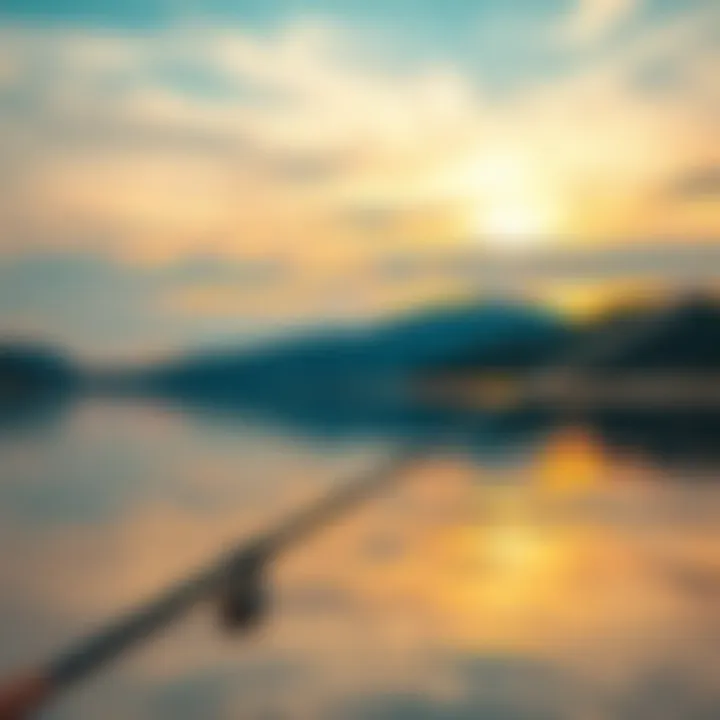 A fishing rod placed on the edge of a calm lake during sunset
