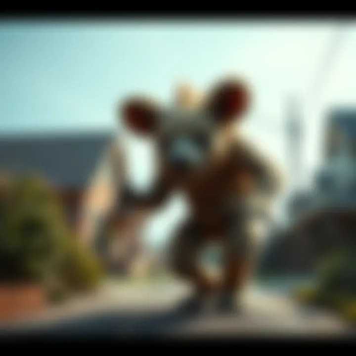 A strange hybrid creature called the Fishpaw, resembling a bear with muscular legs, stands in a familiar neighborhood setting, looking curious and unusual.