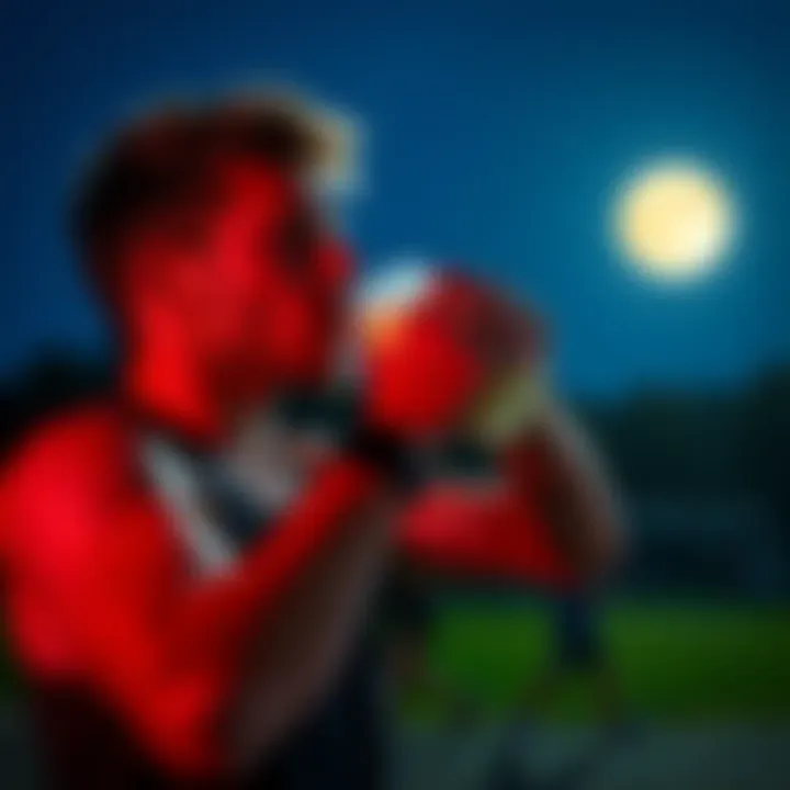 A person enjoying a protein shake while exercising outdoors under a bright full moon, blending fitness with spiritual energy.