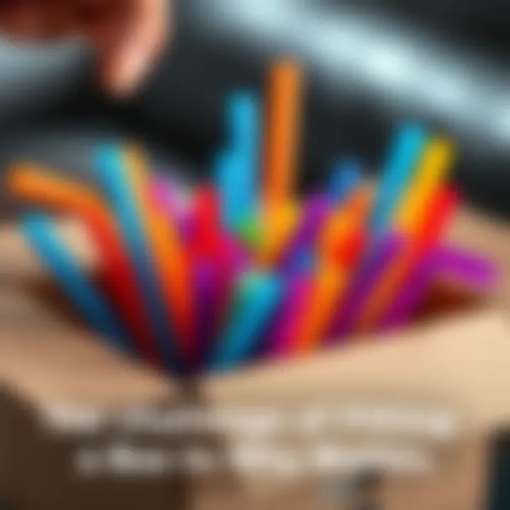 A close-up of several colorful straws being carefully inserted into a small cardboard box, showing the struggle of fitting them all inside.