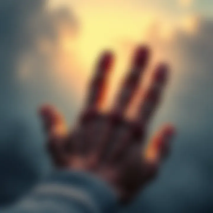 A person looking at their hand while dreaming, showing only four fingers visible, with a soft dreamy background.