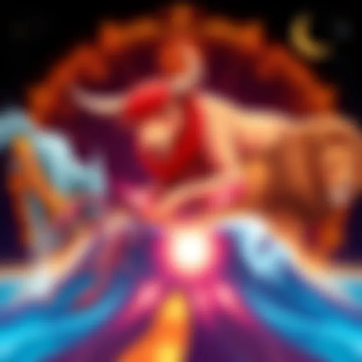 Illustration of four fixed signs in astrology, depicting a bull, lion, scorpion, and water bearer, each symbolizing stability and strong personality traits.