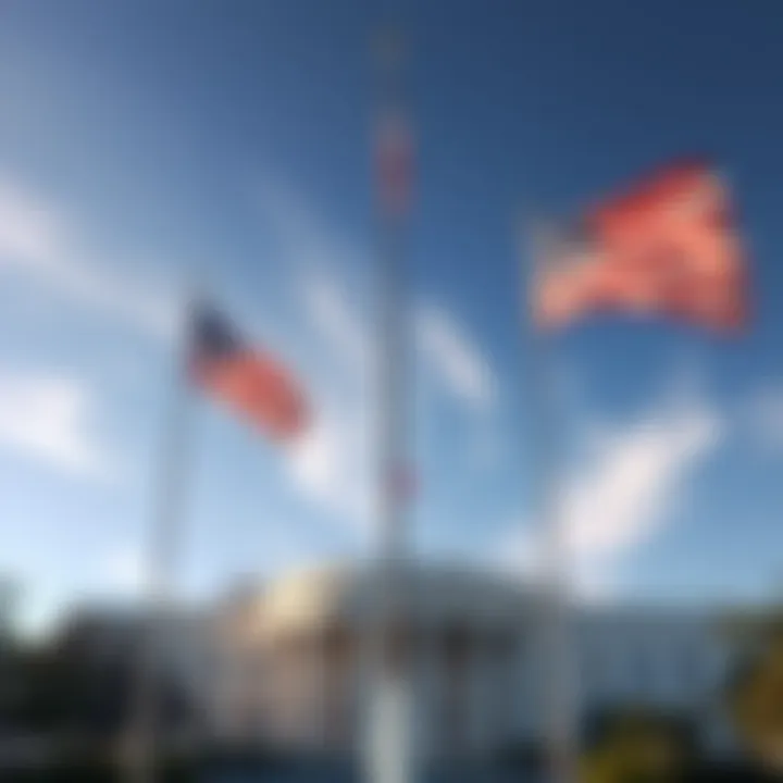 Two tall flag poles installed at the White House, showcasing American flags against the sky