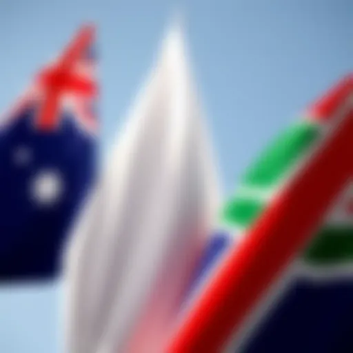 Three national flags representing Australia, England, and South Africa side by side, showcasing their cultural connections.