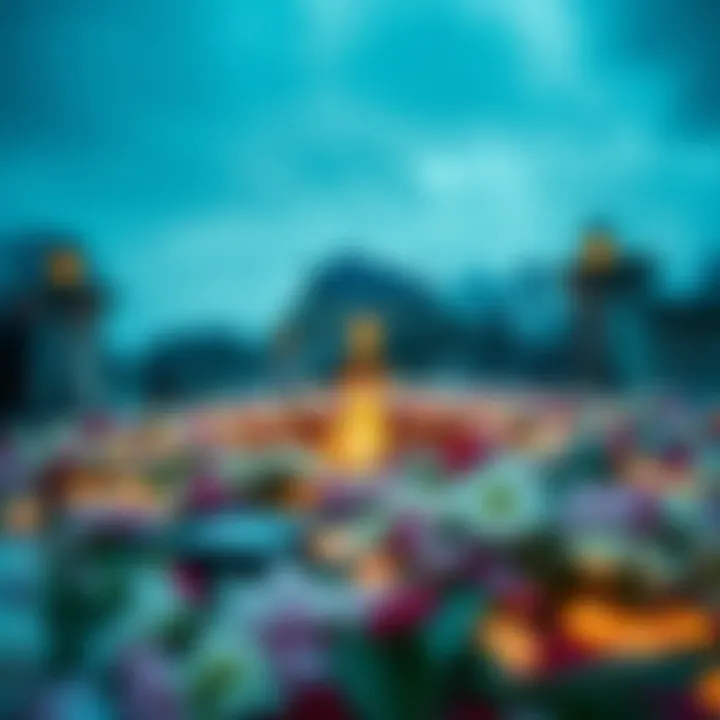 A close-up view of the flame memorial at Pont d'Alma in Paris, adorned with flowers and candles from visitors paying tribute to Princess Diana.