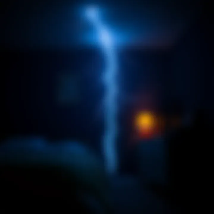 A sudden flash of bright electric light illuminating a dark room during the night