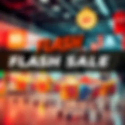 An eye-catching graphic showing a flash sale with bold text and discount tags, featuring shopping carts and popular products, conveying urgency to grab deals.