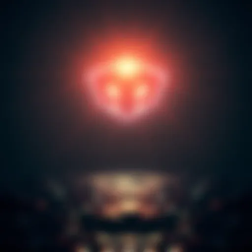 A hexagonal object emitting bright flashing headlights over a body of water at night