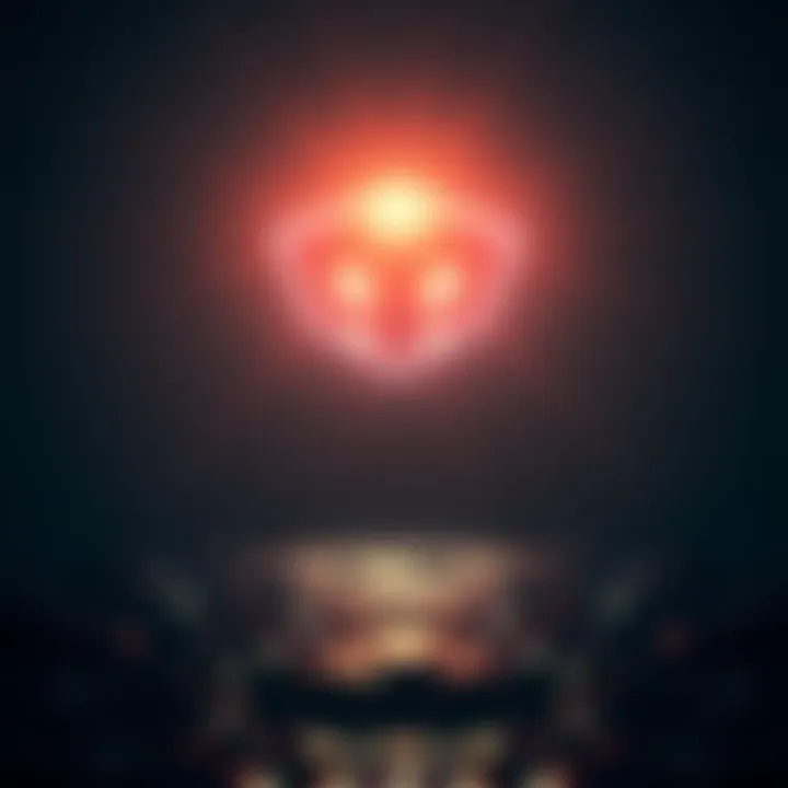 A hexagonal object emitting bright flashing headlights over a body of water at night