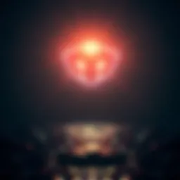 Flashing headlights above water A hexagonal object emitting bright flashing headlights over a body of water at night