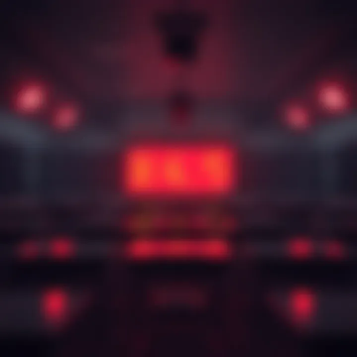 A dark classroom with flashing lights and empty desks, creating an eerie atmosphere.