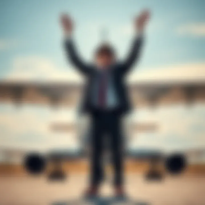 A Flat Earther stands with arms raised in victory, while an airplane is in the background, symbolizing his claim against a silent pilot.
