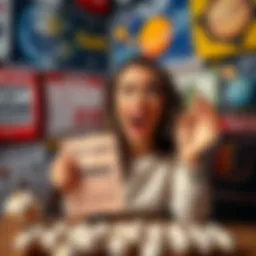 Flat Earth Bingo Game A woman passionately playing Bingo, surrounded by flat Earth posters and solar system claims. She has a playful expression, holding a Bingo card and shouting excitedly.