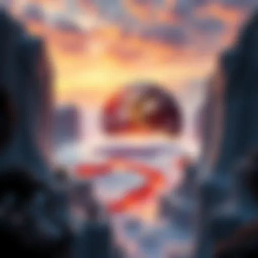 A flat Earth depicted with high ice walls surrounding the edges, suggesting undiscovered lands beyond, featuring mythical creatures like elves and demons in the background.