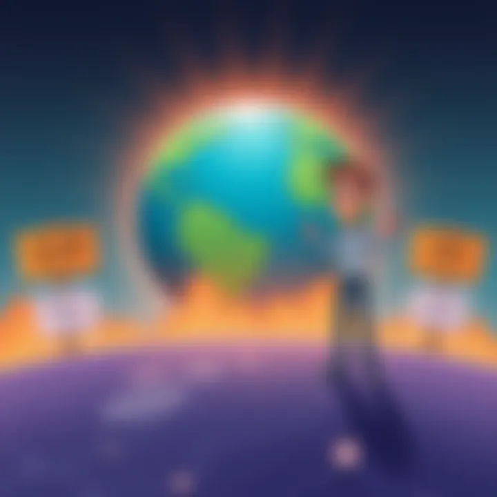 Flat Earth Debate A cartoonish illustration of a person standing on a flat surface, looking puzzled while debating against a globe showing the Earth, surrounded by humorous signs questioning gravity and physics.